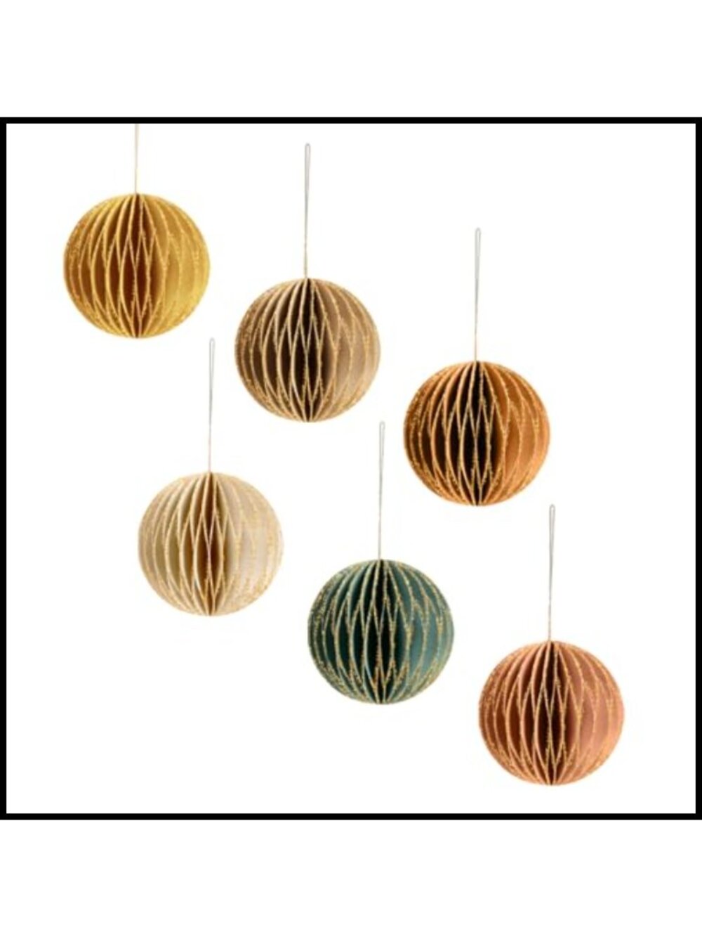 6 Pc Honeycomb Paper Christmas Ornaments Glitter Gold Edge Hanging Decor